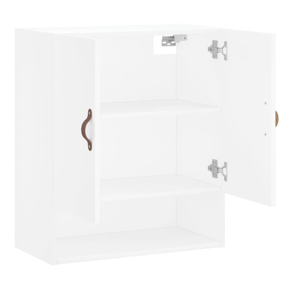 White wall cabinet with one door open, showing two shelves with toiletries and towels