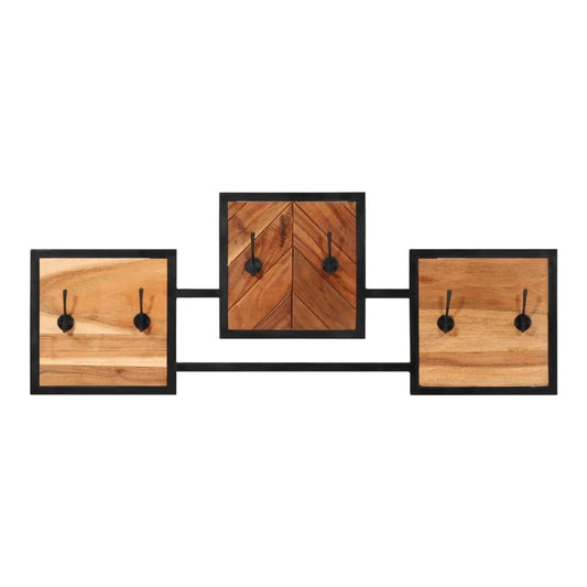 Wall coat rack with three wooden panels and black metal frame