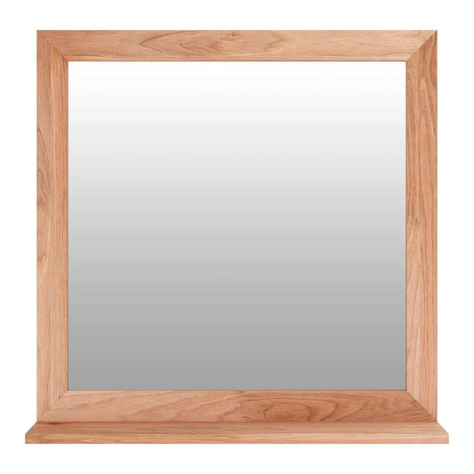 The square wall mirror with a wooden frame and a small integrated shelf at the bottom