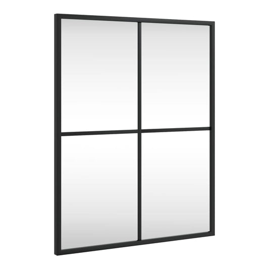 The rectangular wall mirror with a black metal frame, showing a reflection of a window