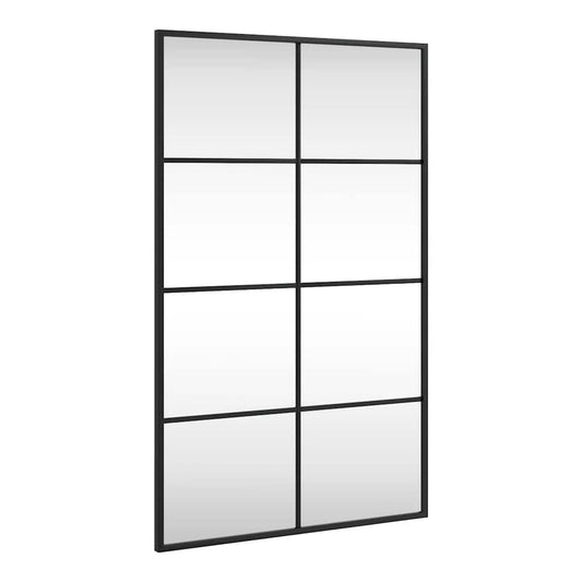 The black rectangular wall mirror with a grid of eight panes