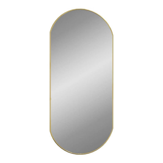 Gold oval wall mirror shown from the front against a white background