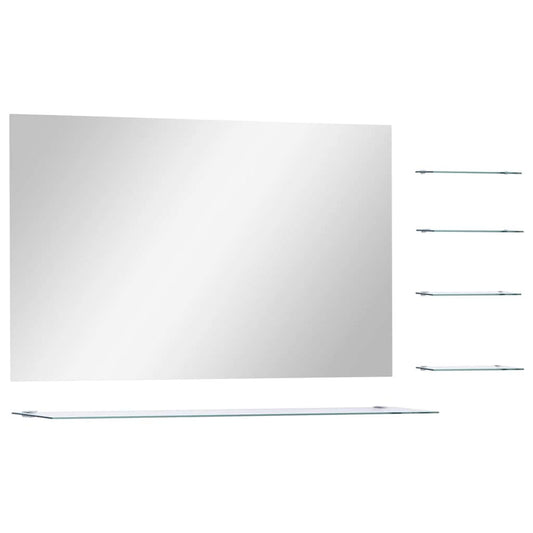 The wall mirror shown from a slight angle with its glass shelves positioned to the side and bottom