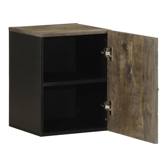 the bathroom cabinet with its door open showing two shelves inside