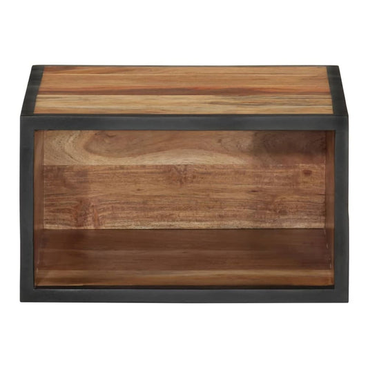the wall-mounted bedside cabinet, showing the back with a solid wooden panel and metal trim