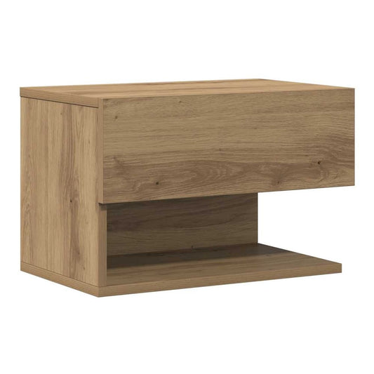 Wall-mounted bedside cabinet in artisan oak finish, shown from the side
