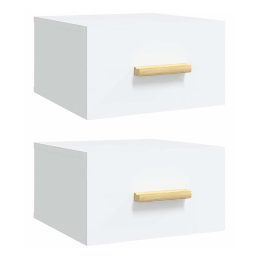 Two white bedside tables with wooden handles shown from a top angle