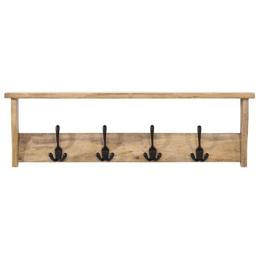 This wooden coat rack has four black hooks and a shelf above