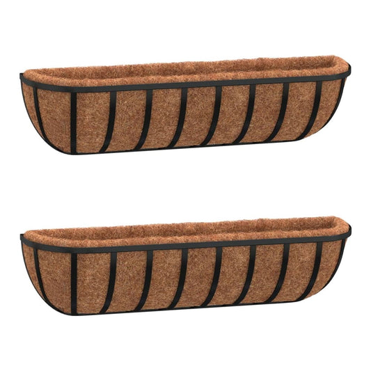 Two black steel wall troughs with coco liners, shown from the front