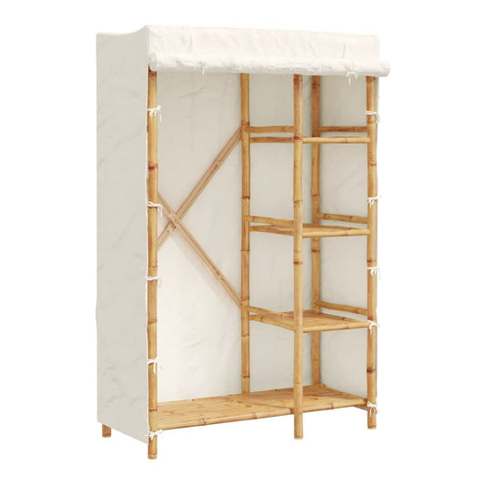 The bamboo wardrobe with cover, showing the internal shelves and hanging rail