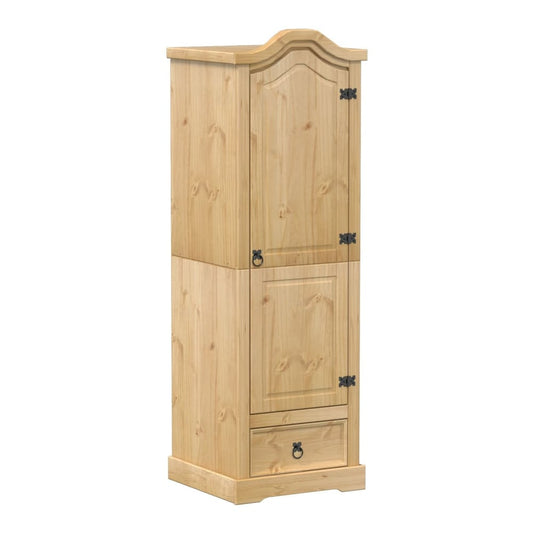 The pine wood wardrobe with a single door and a drawer closed