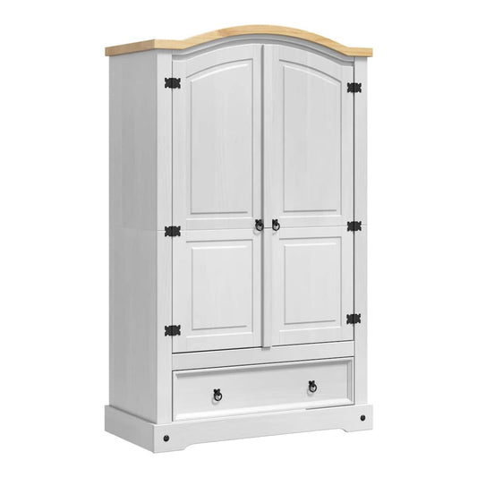 the white wooden wardrobe with a natural wood top and black metal hinges