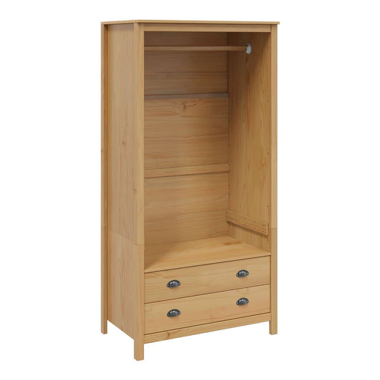 the wooden wardrobe with an open hanging space and two drawers at the bottom