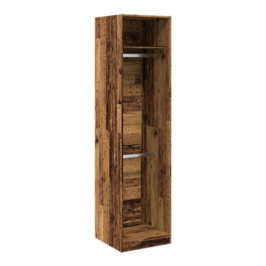 The old wood effect wardrobe with two shelves and a hanging rail