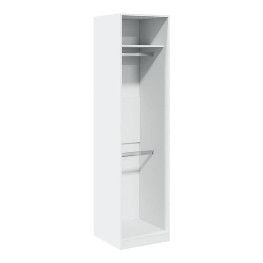 The tall white wardrobe seen from an angle with an open front showing the internal shelving