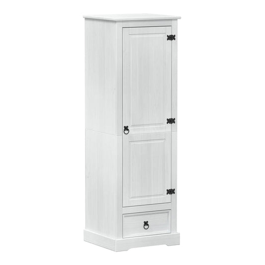 The tall white wooden wardrobe with a single door and a bottom drawer on a plain white background