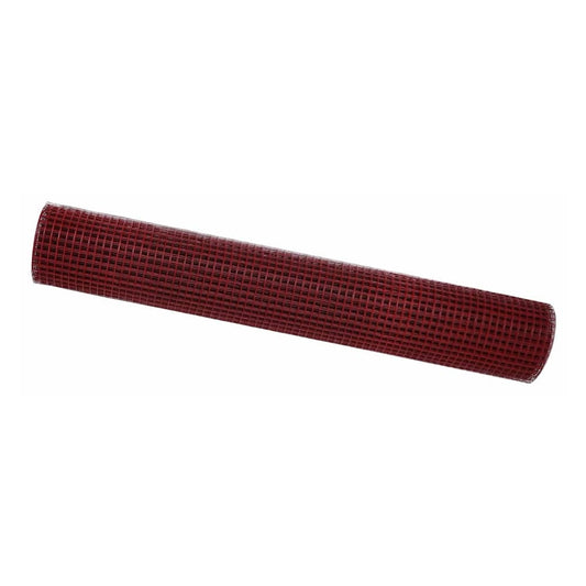 A rolled-up red welded wire fence mesh on a white background