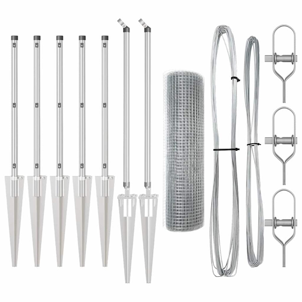 All the parts included for the galvanised steel mesh fence panel kit laid out
