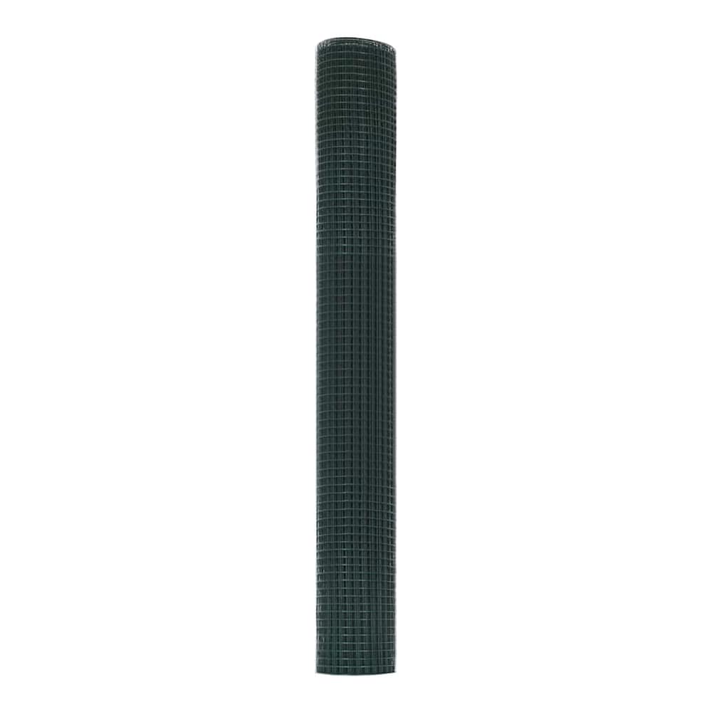 A vertical roll of green welded wire mesh fencing