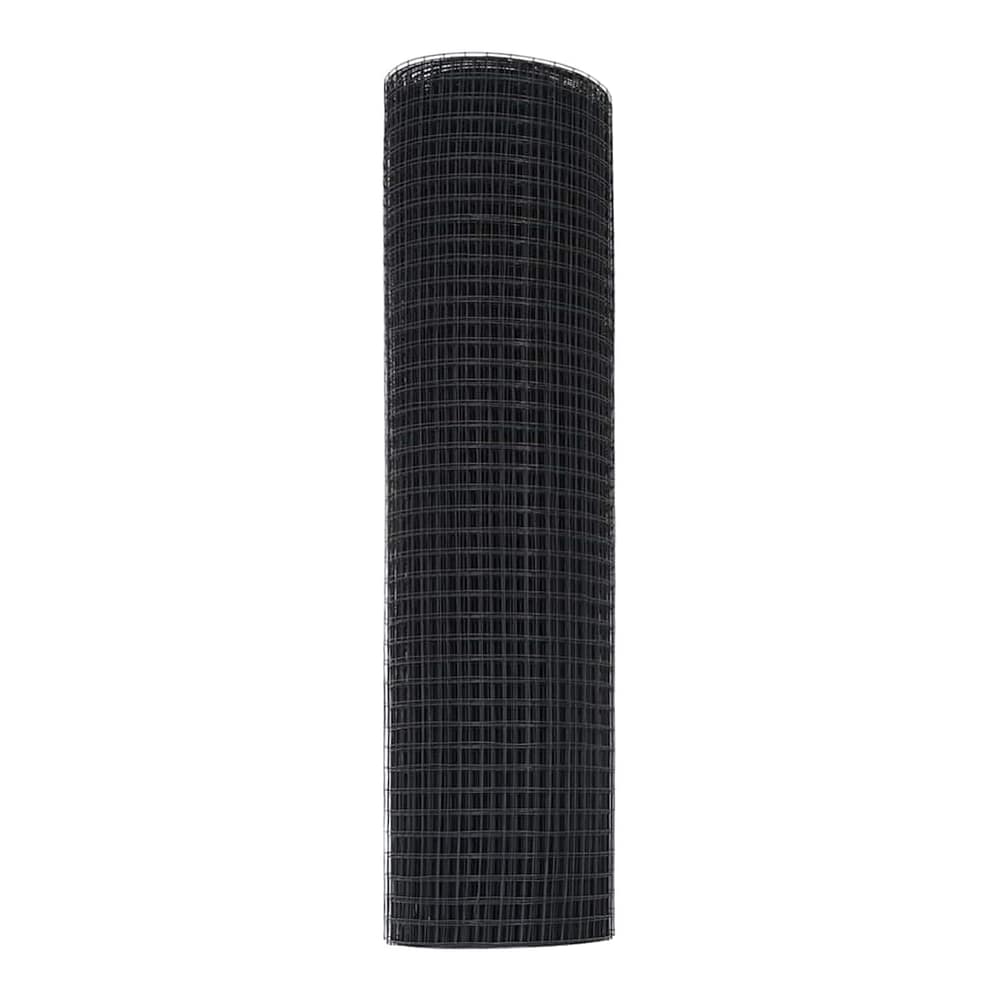 A tall, narrow roll of grey welded wire mesh fencing