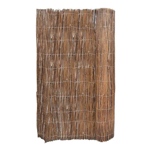 A rolled-up willow fence panel leaning against a white background