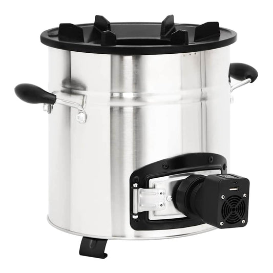 The portable wood stove with the attached fan unit viewed from a slightly elevated angle