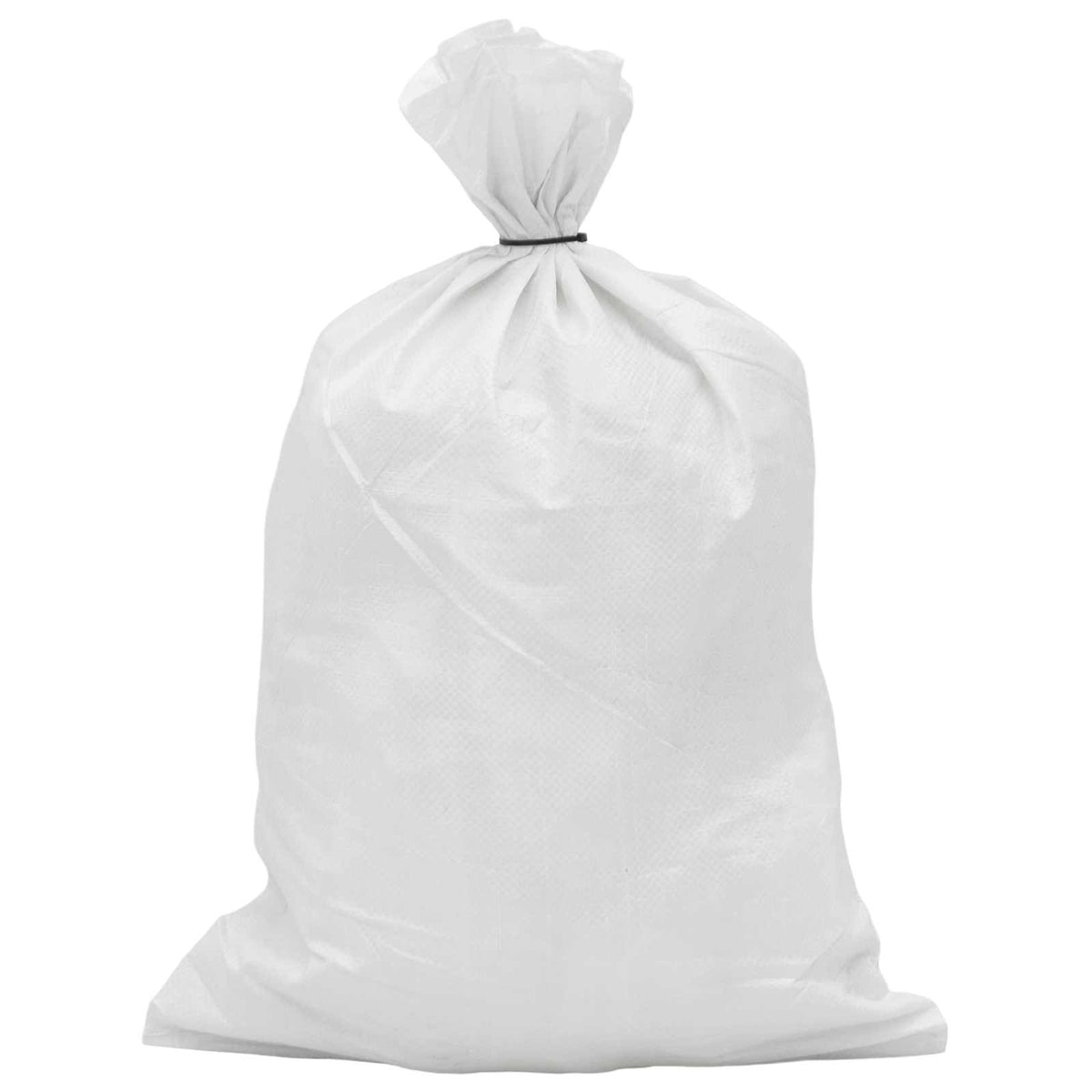 A full white woven sack tied at the top