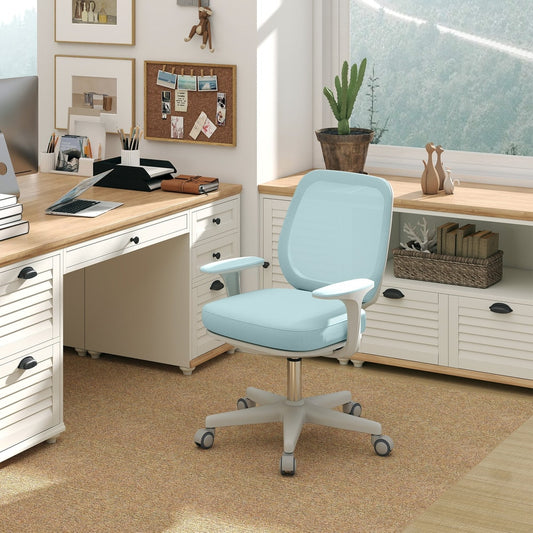 Light green mesh back office chair in a home office setting next to a desk