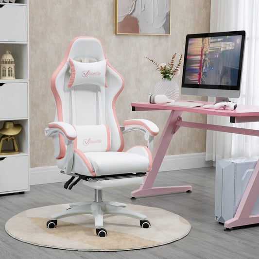 The white and pink computer gaming chair is shown in a home office setting next to a desk