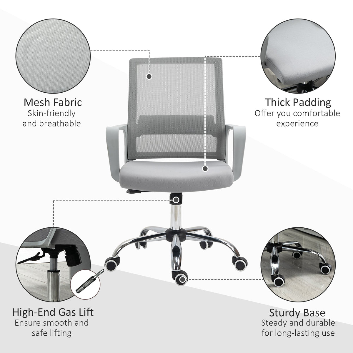 Close up details of the grey mesh office chair including mesh fabric and padding