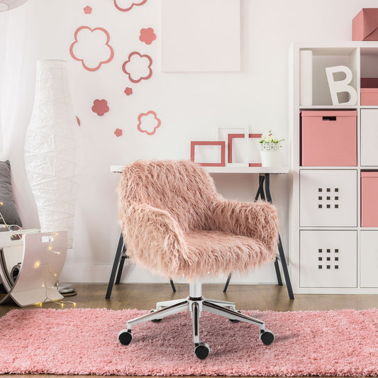 The pink faux fur desk chair in a bedroom setting with a rug and shelving unit