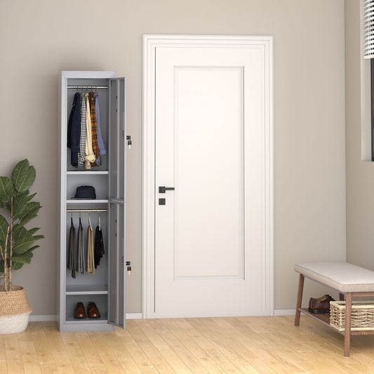 The storage cabinet is shown in a hallway with clothes hanging inside and shoes on a bench nearby
