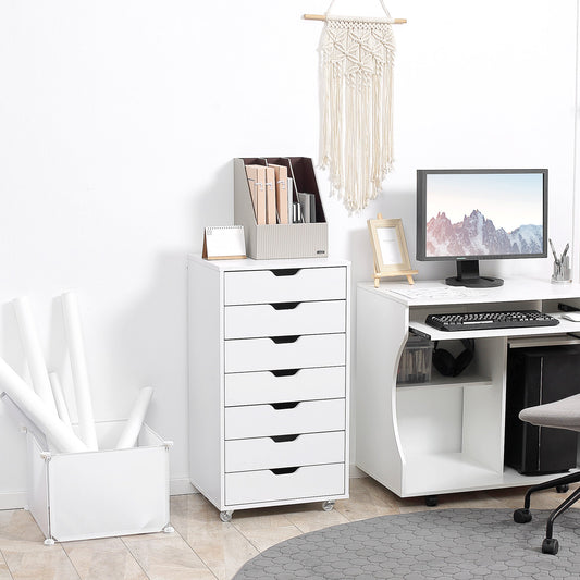 The white filing cabinet standing beside a desk with a computer and a storage box of paper rolls