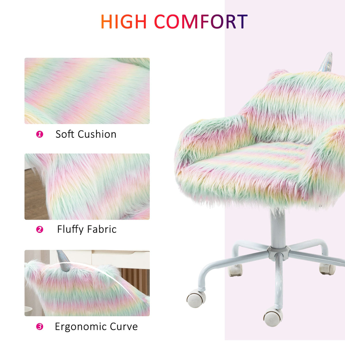Close up of the fluffy office chair showing soft cushion and fabric