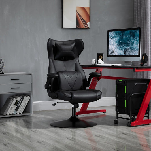 The black racing style computer chair in a home office setting next to a desk