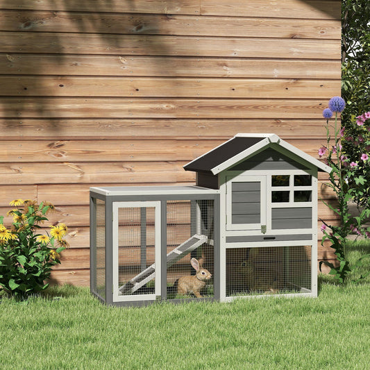 PawHut Rabbit Hutch قفص أرانب خشبي خارجي لحيوان خنزير غينيا قفص أرانب قفص أرانب صغير صينية قابلة للسحب، رمادي، 122 × 62.6 × 92 سم