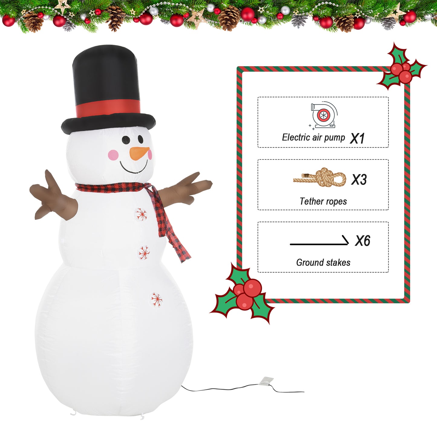 HOMCOM 6ft Giant Inflatable Snowman Christmas Decoration w/ LED Lights Accessories Cute Family Fun Seasonal Outdoor Indoor
