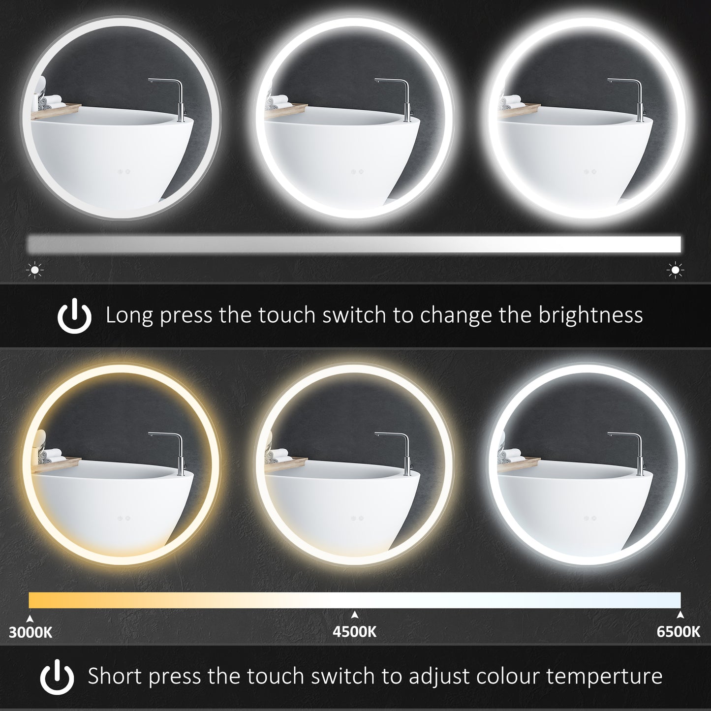 kleankin Round Bathroom Mirror with LED Lights, Wall Mount Dimmable Makeup Mirror with 3 Temperature Colours, Defogging Film and Memory Function, Frameless, Hardwired, 60 x 60Â cm