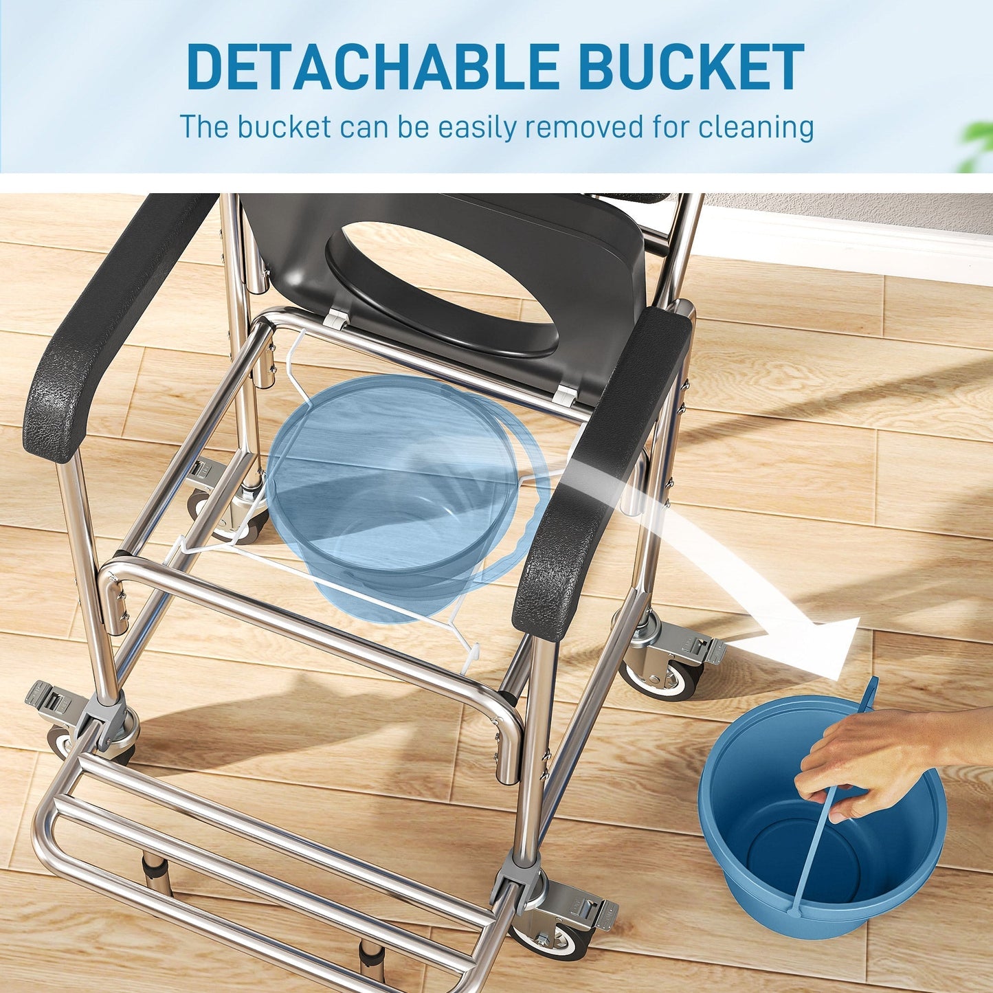 HOMCOM Transport Beside Shower Chair, 3-in-1 Commode Chair with Wheels and Padded Seat, Black