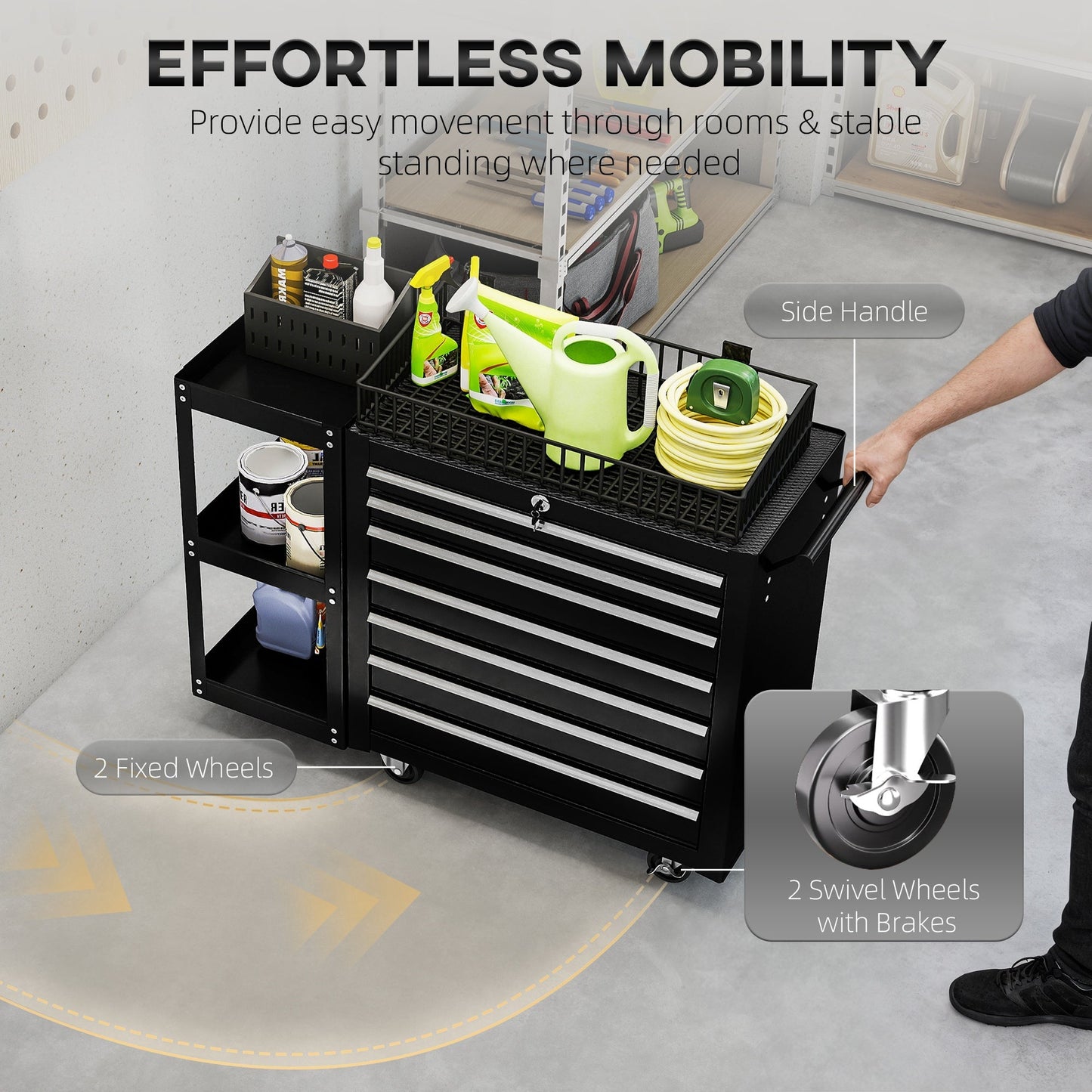 HOMCOM Lockable Steel Tool Chest on Wheels, 7 Drawer Tool Box with Handle for Workshop, Garage, Black
