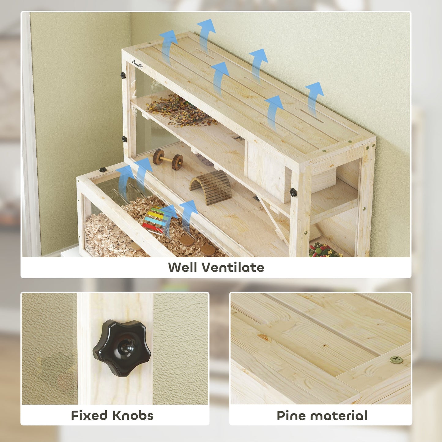 PawHut Wooden Hamster Cage with Hut, Wheel, Ramps, Removable Viewing Panels, 100 x 50 x 84 cm, Natural Wood