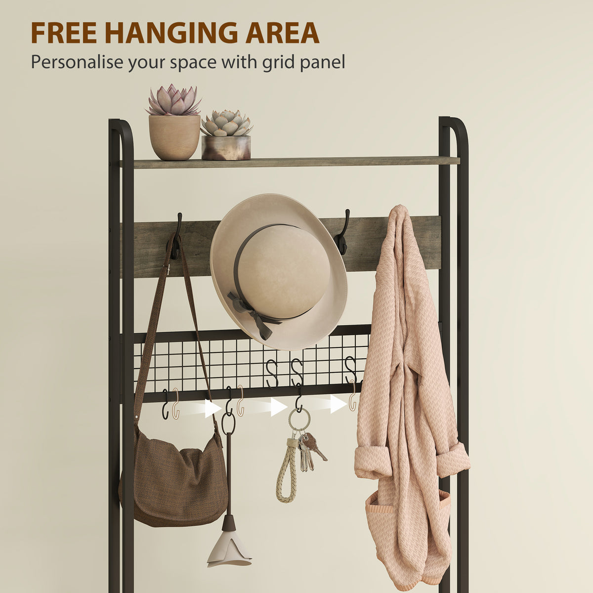 HOMCOM 5-In-1 Industrial-Style Hallway Tree in Grey and Black