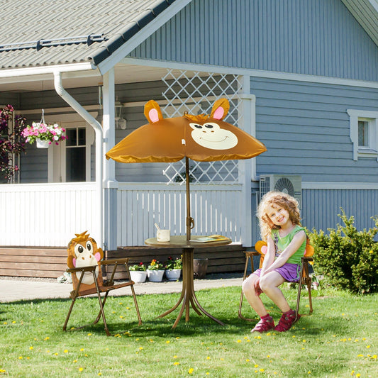 طقم طاولة وكراسي بيسترو للأطفال من Outsunny، أثاث حديقة قابل للطي في الهواء الطلق بتصميم قرد، مظلة شمسية قابلة للإزالة والتعديل، للأعمار من 3-6 سنوات - بني