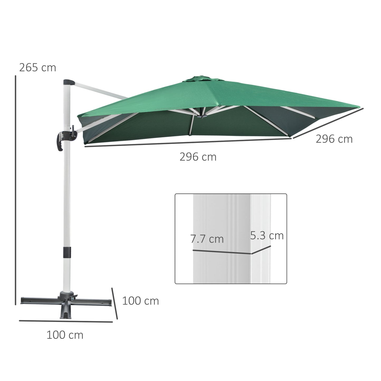 Outsunny 3 x 3(m) Cantilever Roma Parasol, Square Garden Umbrella with Cross Base, Crank Handle, Tilt, 360° Rotation and Aluminium Frame, Green