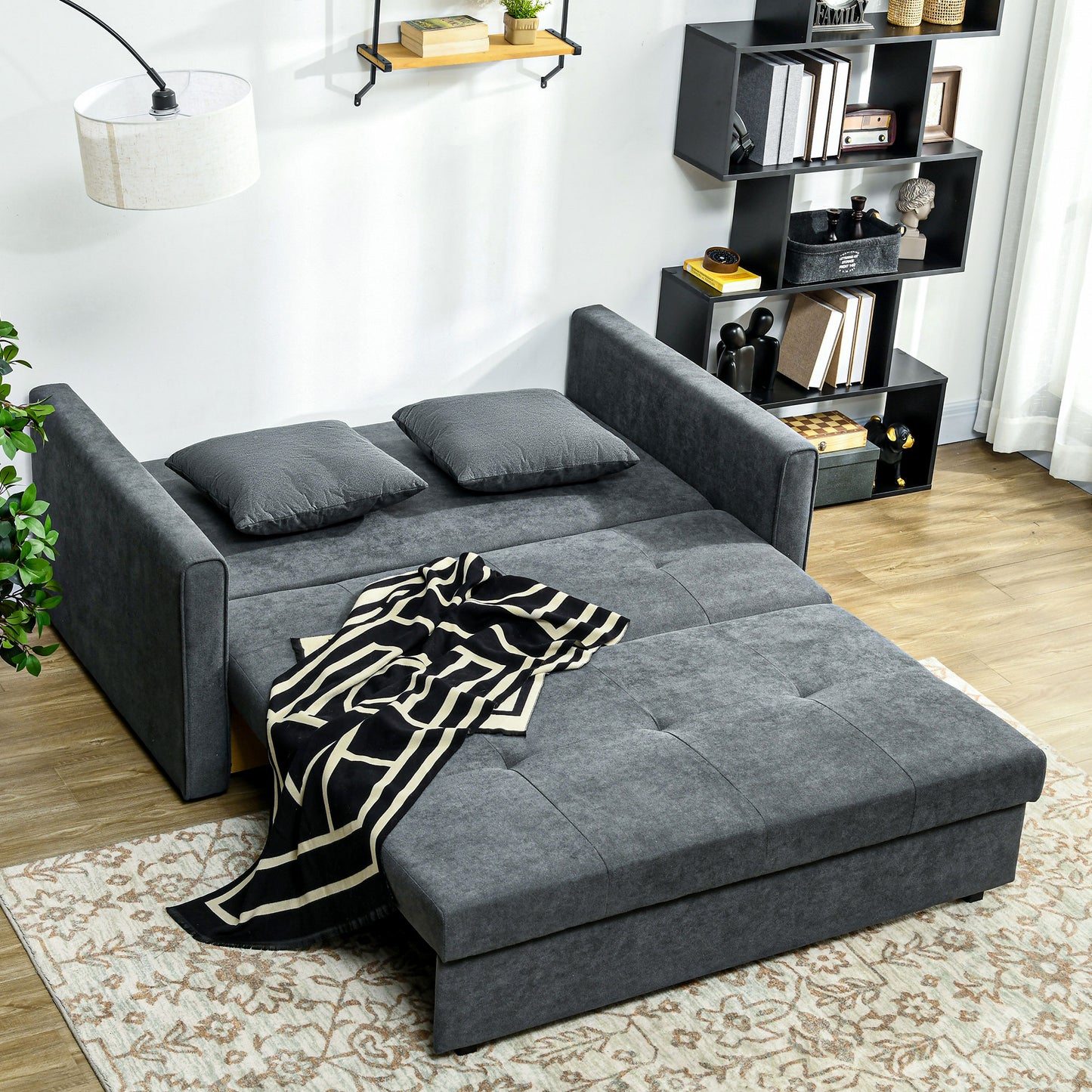 HOMCOM 2 Seater Sofa Bed, Convertible Bed Settee, Modern Velvet Loveseat Sofa Couch with 2 Cushions, Hidden Storage for Living Room, Guest Room, Dark Grey