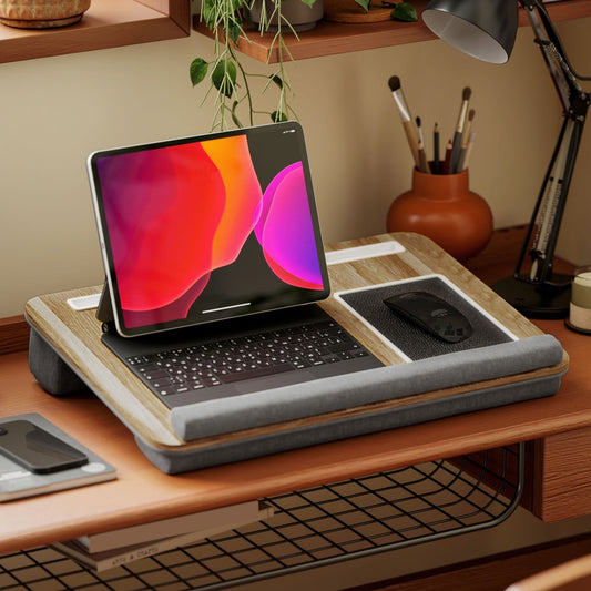HOMCOM Lap Desk for Bed Sofa, Laptop Tray with Cushion Mouse Pad, Wrist Rest & Phone Holder, Fits Up to 15.6" Laptops, Oak Grey