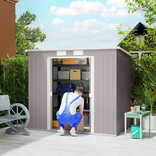 Outsunny 7 x 4 Garden Shed, Galvanised Steel, Metal Lean-to Tool Shed with Foundation Kit, Grey