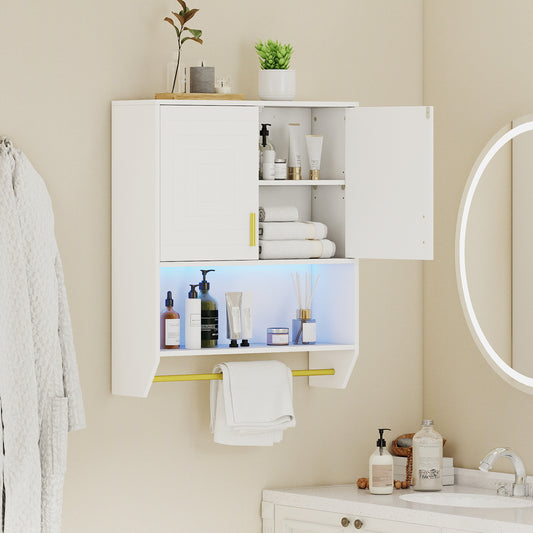 The wall cabinet is shown with one door open, displaying toiletries and towels on shelves, with soft lighting underneath