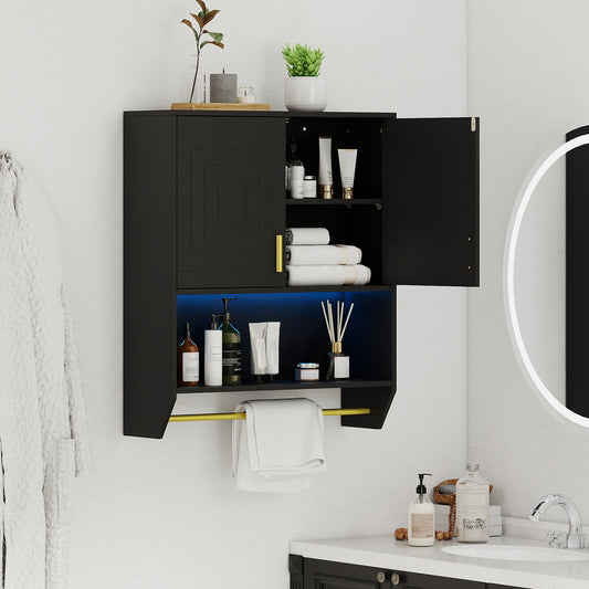 The wall cabinet mounted in a bathroom with toiletries stored inside and on the open shelf