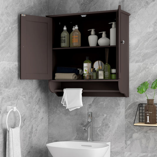 The wall cabinet is open, showing toiletries and towels inside, mounted above a sink